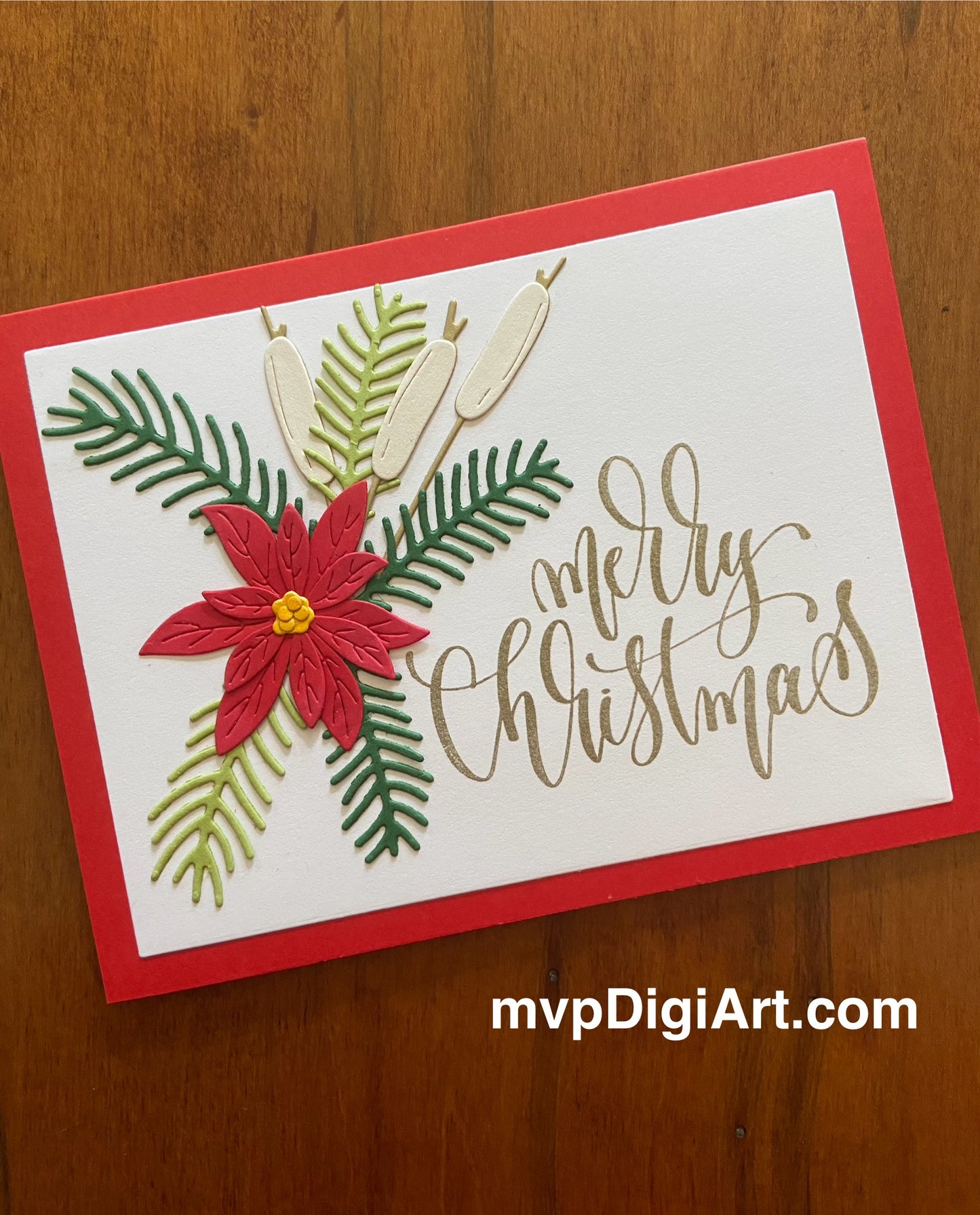 Poinsettia, Spruce Sprigs & Cattails Handmade Christmas Card - 2 Styles