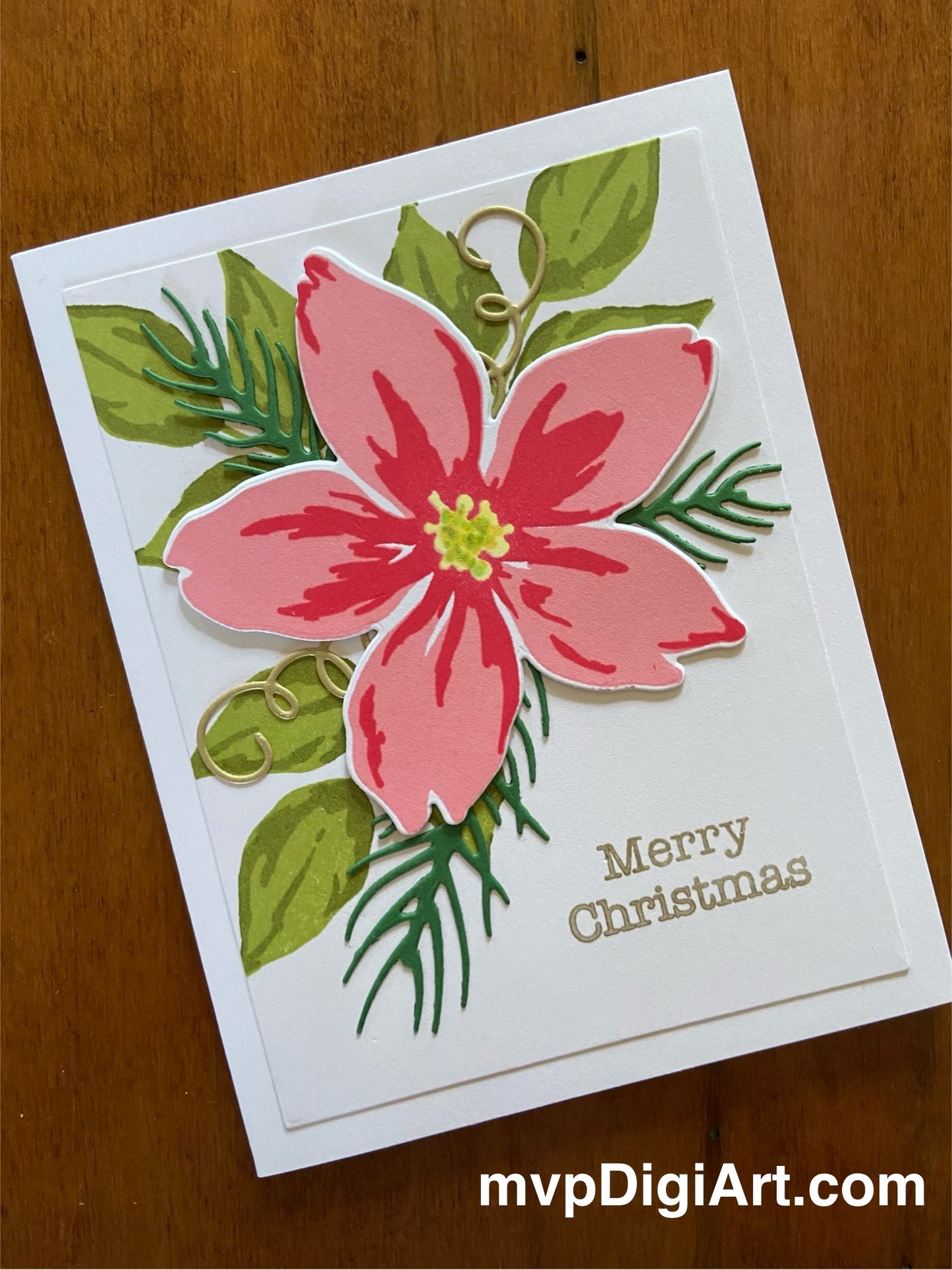 Majestic Pink Poinsettia and Greenery Christmas Card - Handcrafted Holiday Elegance