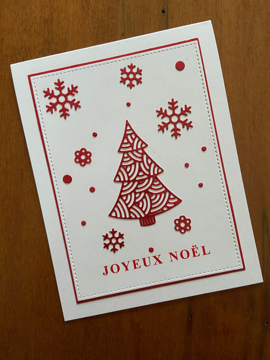 Beautiful Handmade French Christmas Card - Red Tree & Snowflakes - Joyeux Noël