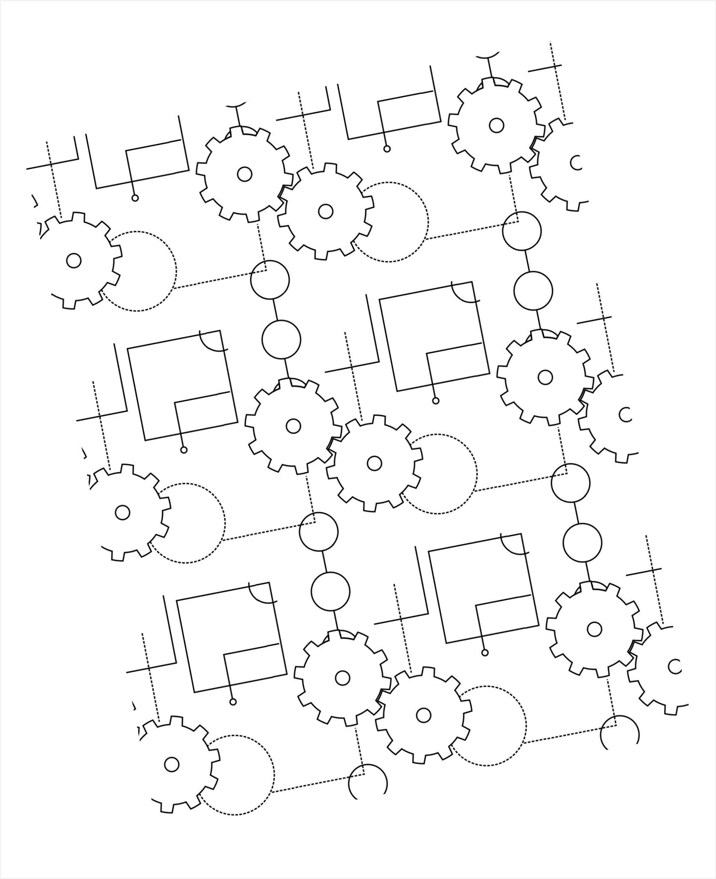 White background with gears and schematic type images in black