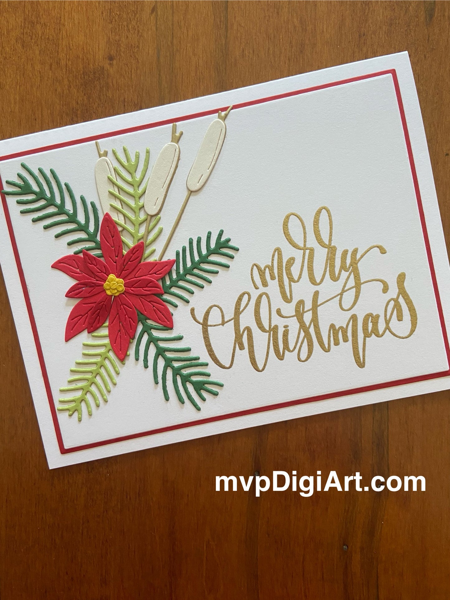 Poinsettia, Spruce Sprigs & Cattails Handmade Christmas Card - 2 Styles