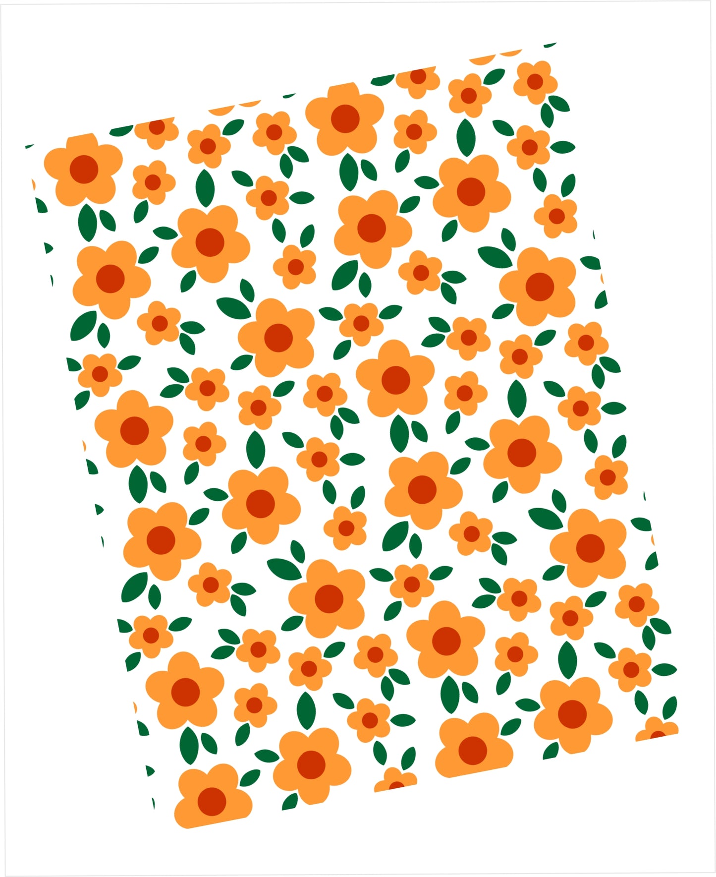 Orange daisy like flowers with brick red centres and leaves on a white background