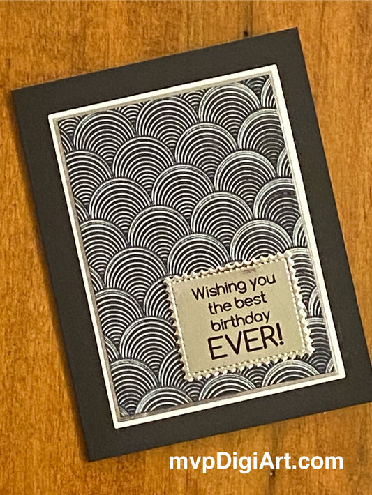 Handmade birthday card with geometric silver sunrise design on black cardstock with 'Wishing You the Best Birthday Ever' text