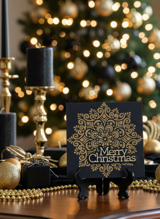 Handmade square Christmas card with large gold snowflake and Merry Christmas sentiment on black background displayed in gold card stand on decorated table with Christmas tree in background