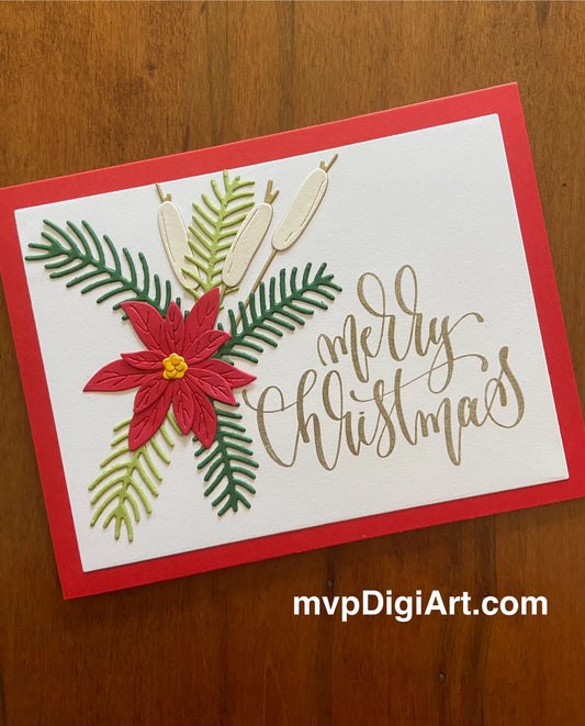 Handmade Christmas card with red poinsettia, spruce sprigs, and cattails on white background atop a red notecard with gold 'Merry Christmas' text