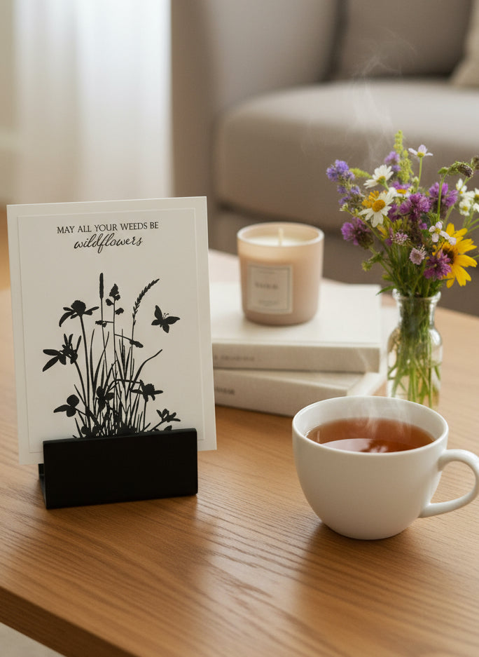 Handmade encouragement card with black wildflower silhouette and 'May all your weeds be wildflowers' sentiment displayed on decorated coffee table