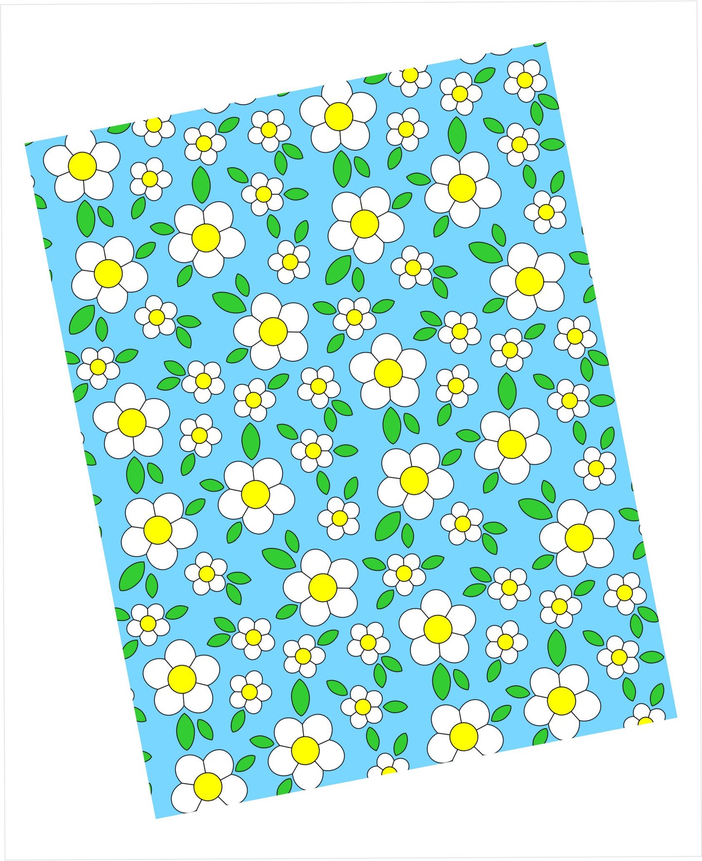 Cardstock with outlined white daisy and leaf pattern on sky blue