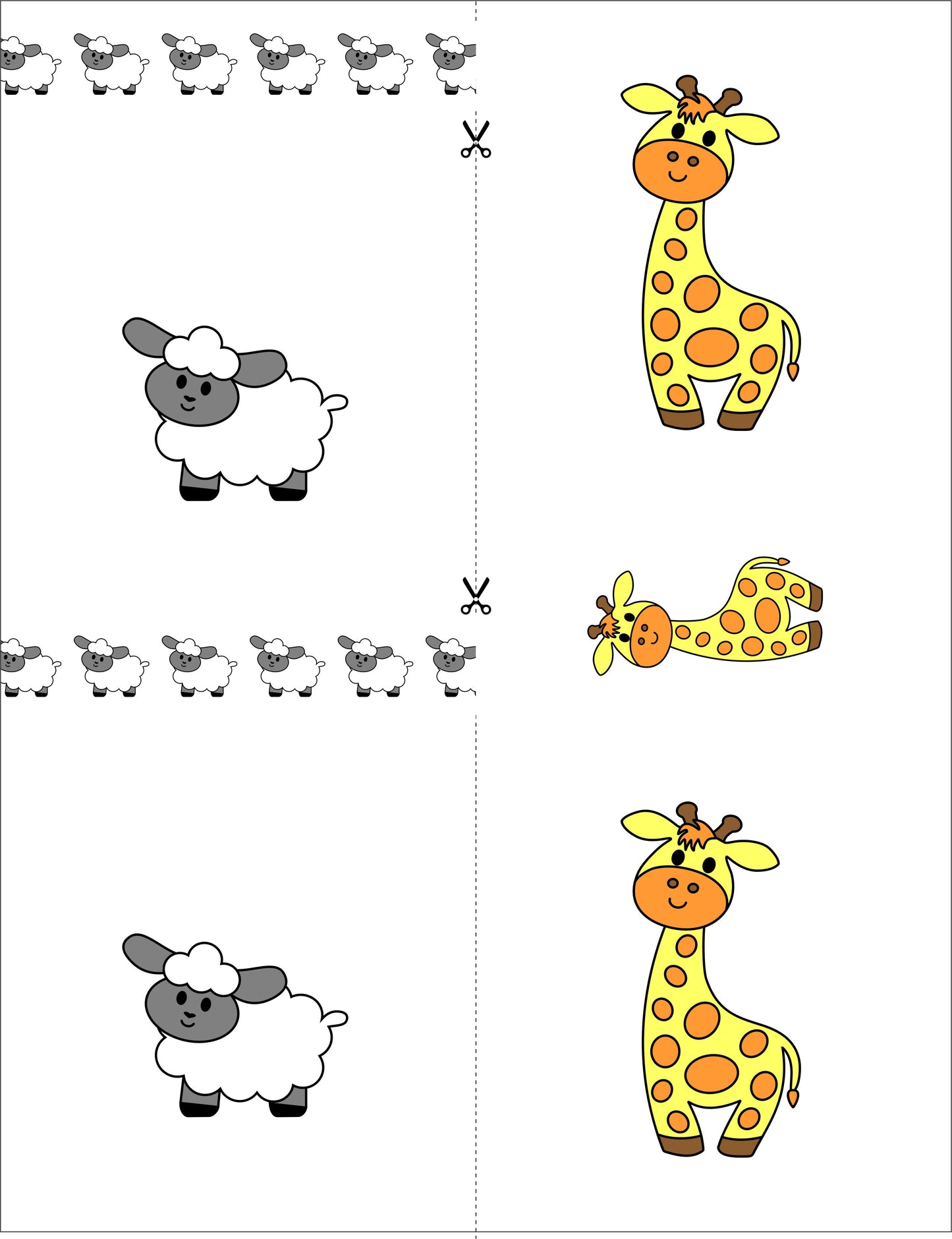 Sheep and Giraffe Cut and Create Sheet - full colour print featuring adorable sheep and giraffe characters on premium 100 lb cardstock, die-cut ready for ovals, rectangles, squares and circles