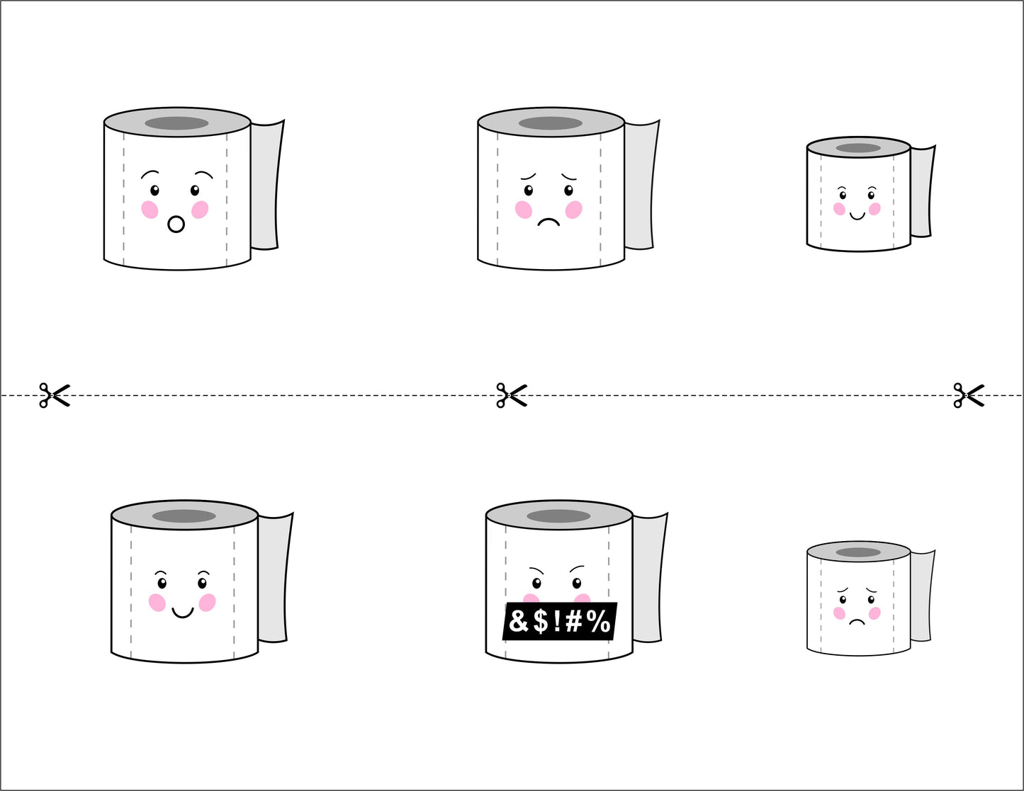 Toilet Paper Expressions Cut and Create Sheet - full colour print featuring funny toilet paper characters with happy, sad and angry expressions on premium 100 lb cardstock, die-cut ready for ovals, rectangles, squares and circles