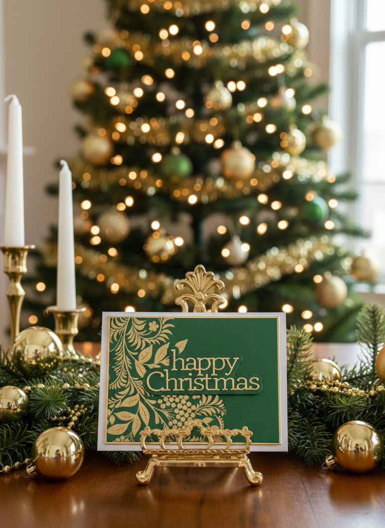 Christmas card with gold embossed foliage on green cardstock and 'Happy Christmas' sentiment displayed in a decorated room with holiday decorations