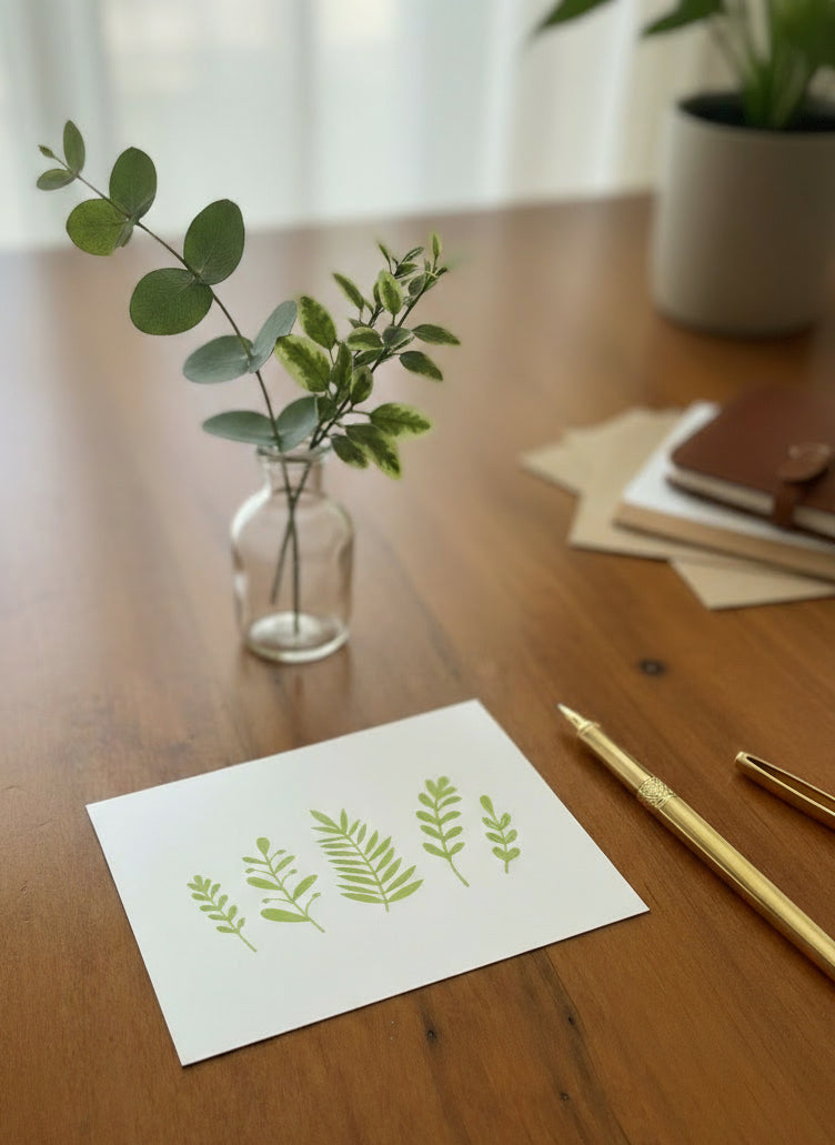 All occasion card with green botanical foliage design displayed open and ready to write a personal message