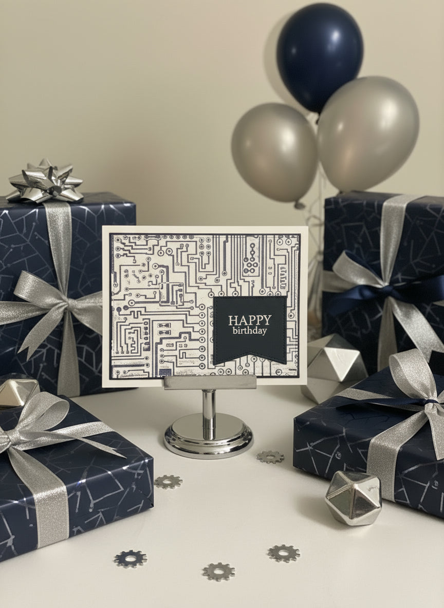 Navy and silver birthday card with balloons and gift boxes on a light background