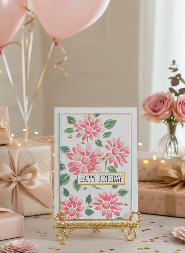 Pink daisy birthday card with gold accents and pearls displayed in a decorated room with birthday decorations