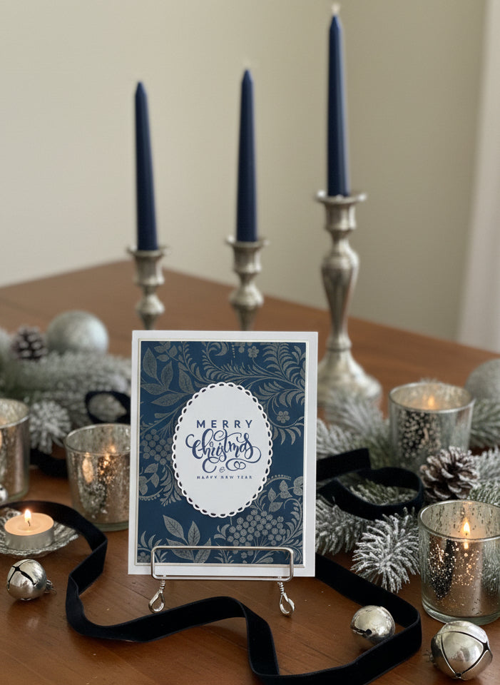 Handmade Christmas card with silver vines and berries on navy background displayed on table decorated with candles and ribbon