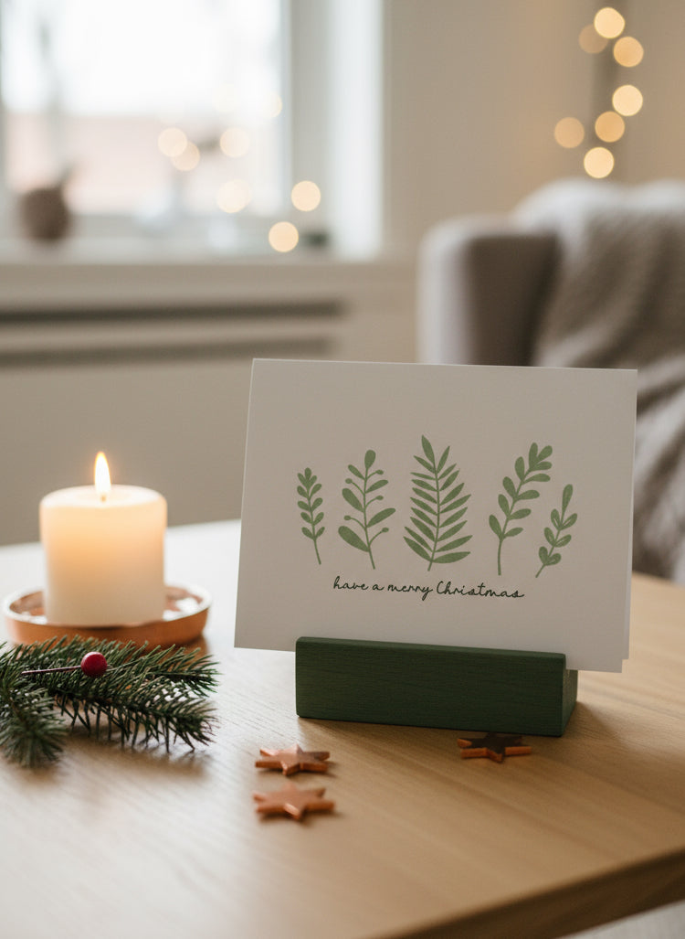 Christmas card with spruce green botanical foliage displayed on a decorated coffee table with holiday elements