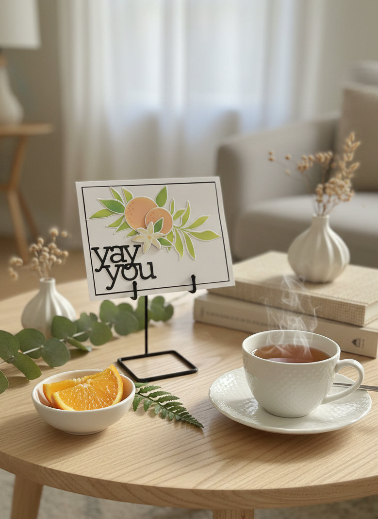 'Yay You' congratulations card on a table with cup of tea, oranges and greenery on a table in a cozy living room.
