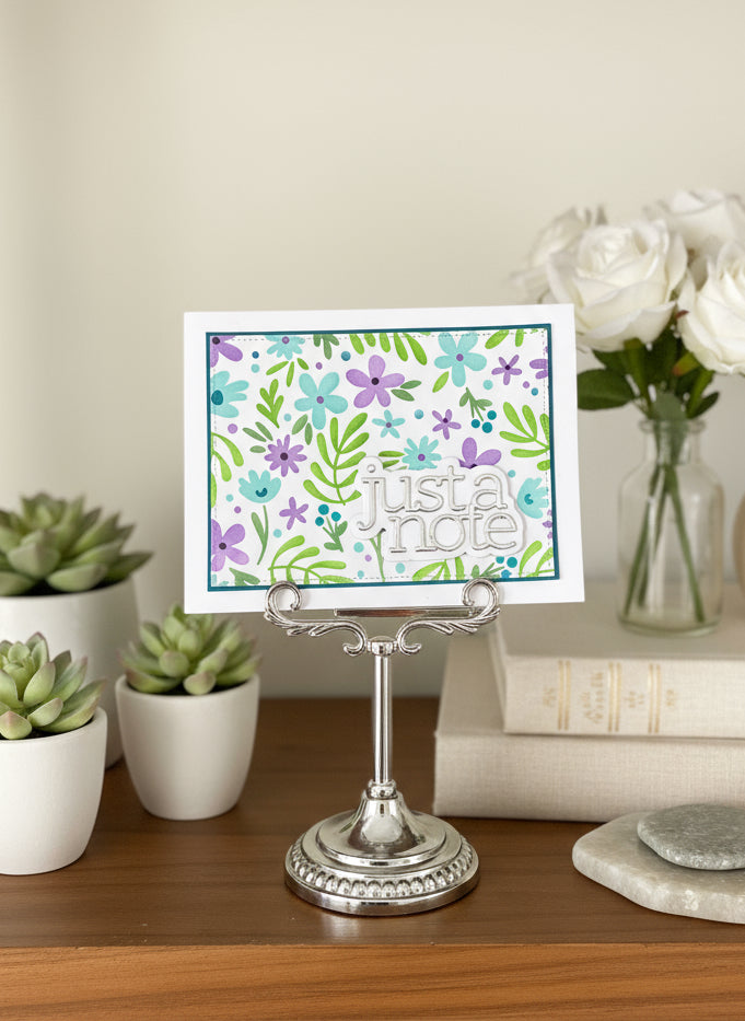 Handmade Just a Note Card | Stenciled Floral in Turquoise & Purple