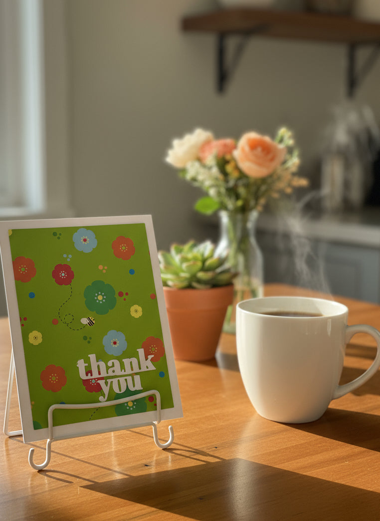 Handmade thank you card with bees and flowers displayed on kitchen table