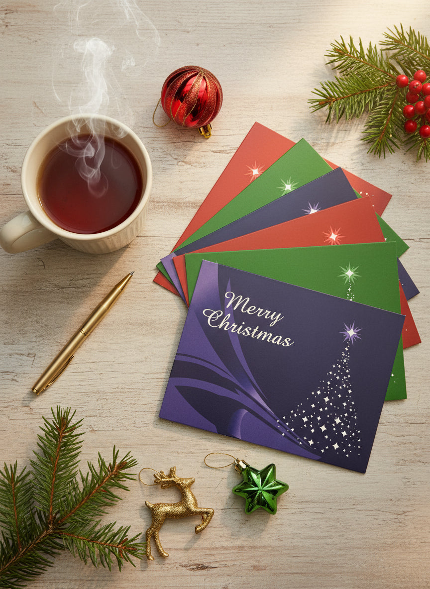 Set of 6 starlight Christmas tree cards on a decorated desk ready to be written in.