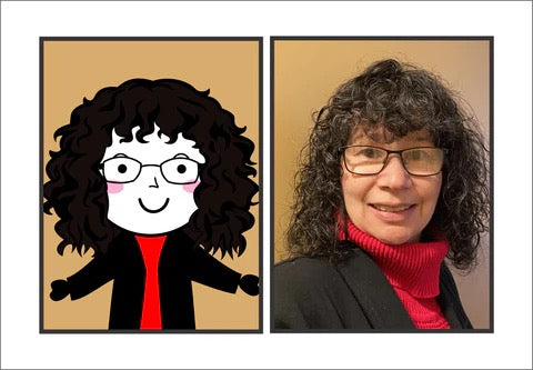 A side by side comparison of the real Michelle and her digiArt caricature