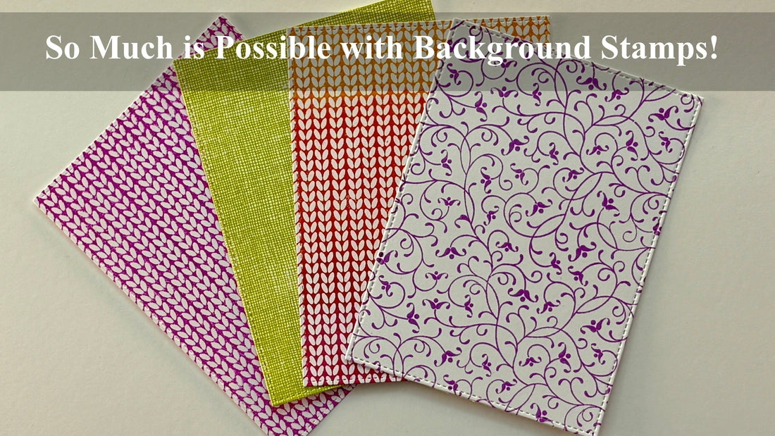 Four patterned cardstock sheets fanned out showcasing background stamp designs —  violet knit, chartreuse gauze, pink, orange yellow blend knit, and violet floral vine