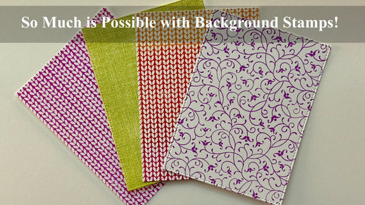 Four patterned cardstock sheets fanned out showcasing background stamp designs —  violet knit, chartreuse gauze, pink, orange yellow blend knit, and violet floral vine