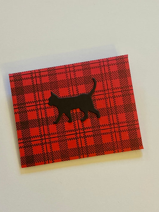 Gift Card Envelope black and red plaid with a silhouette of a black cat