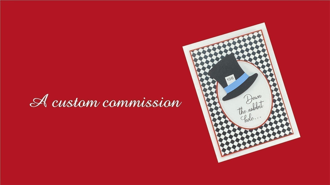Alice in Wonderland custom commission wedding card on a red background