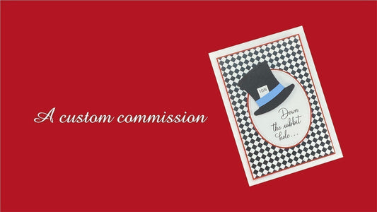 Alice in Wonderland custom commission wedding card on a red background