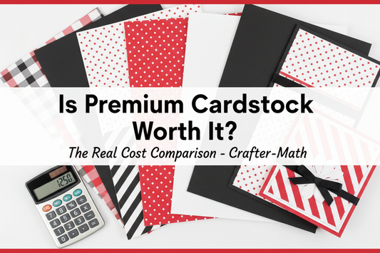 Premium patterned cardstock in red, black and white with calculator showing cost comparison for cardmaking blog post