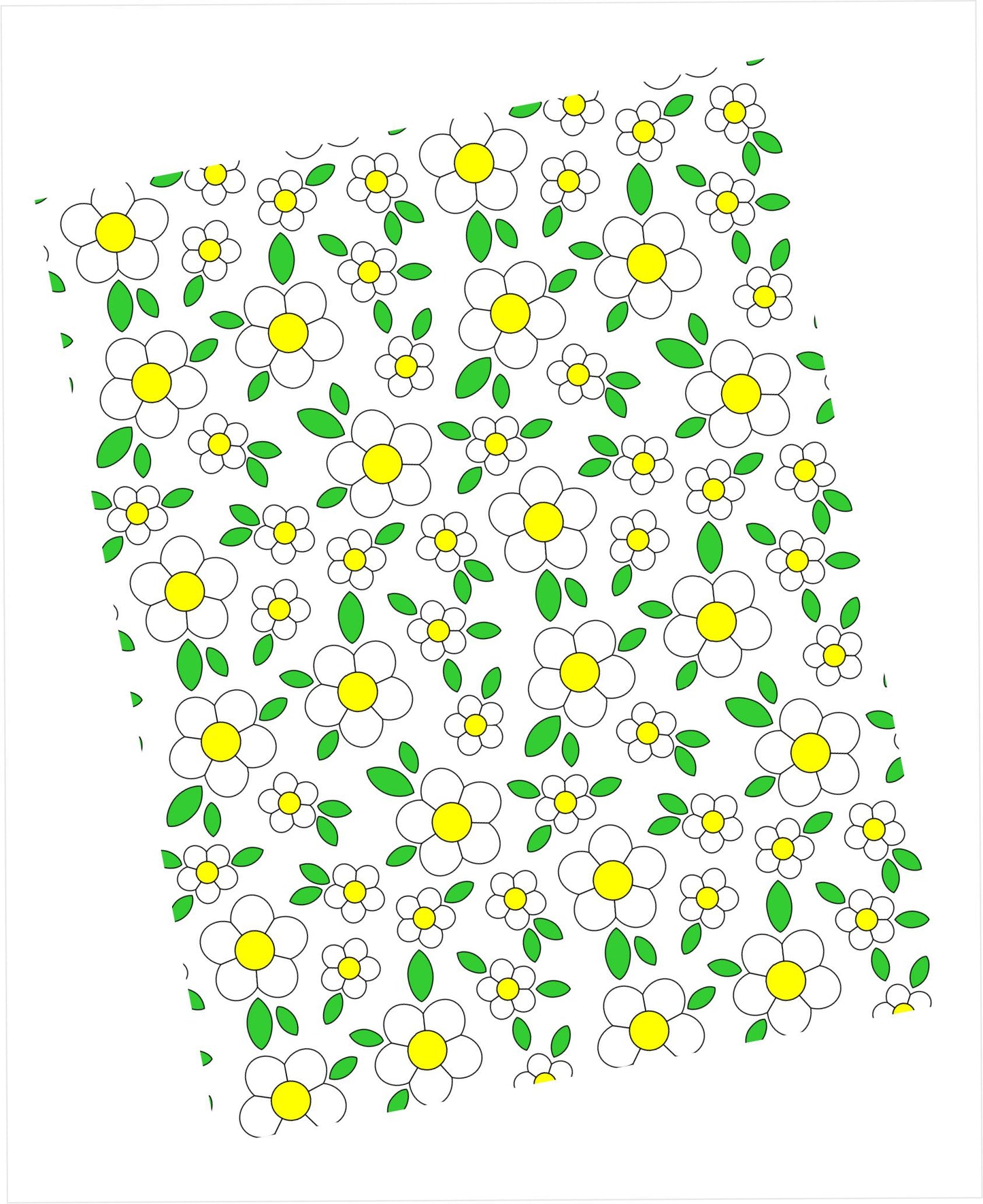 Pattern of white flowers with yellow centers and green leaves on a white background