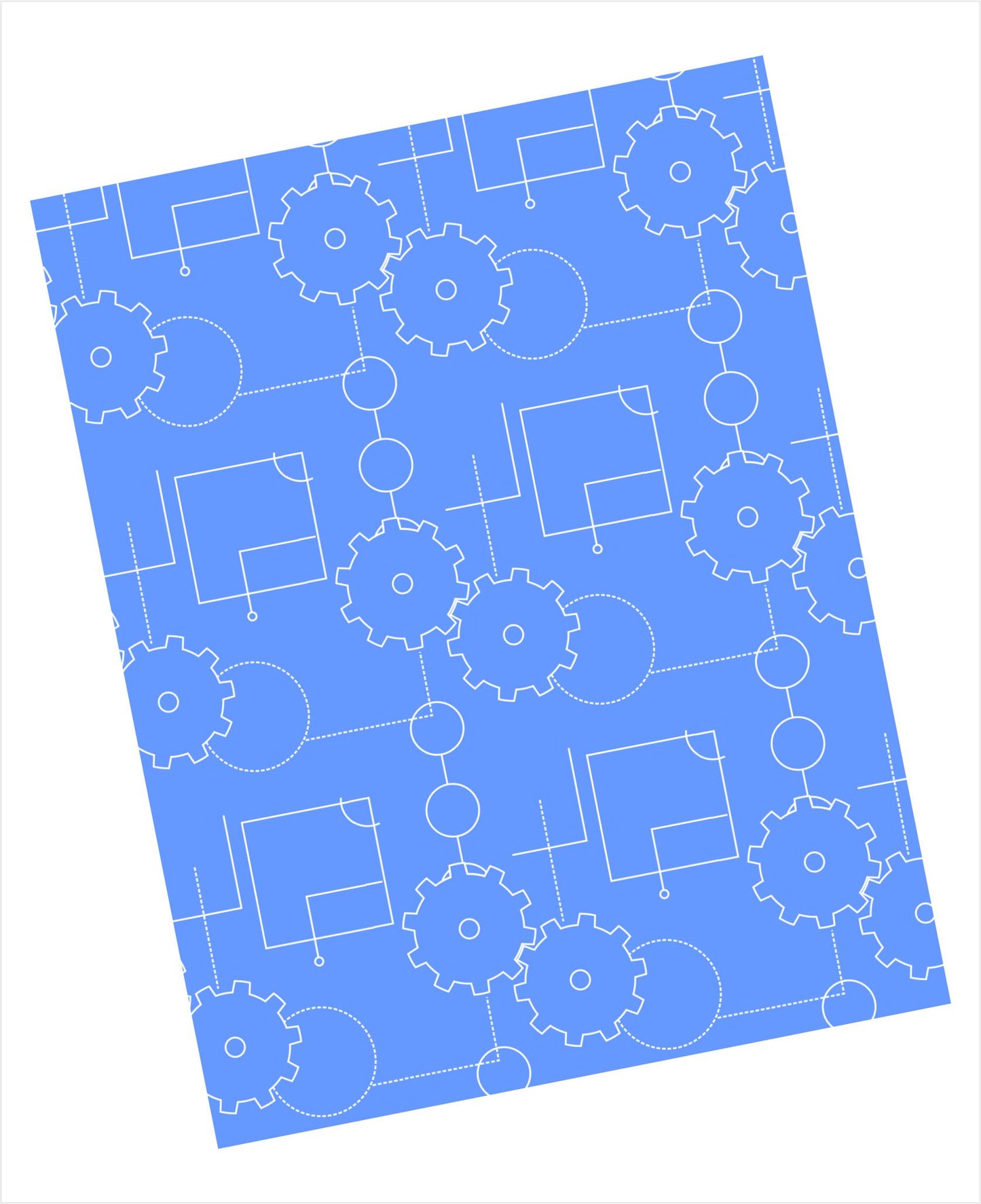 Baby blue background with gears and schematic type images in white