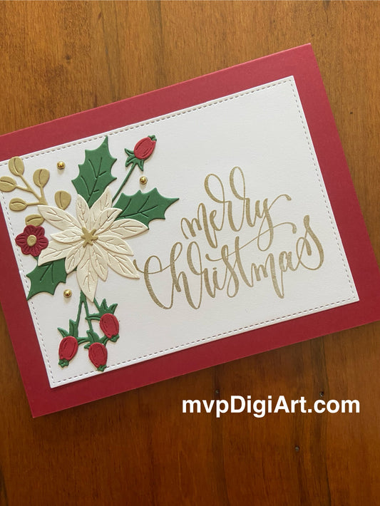 White Poinsettia, Holly Leaves & Red Buds Handmade Christmas Card