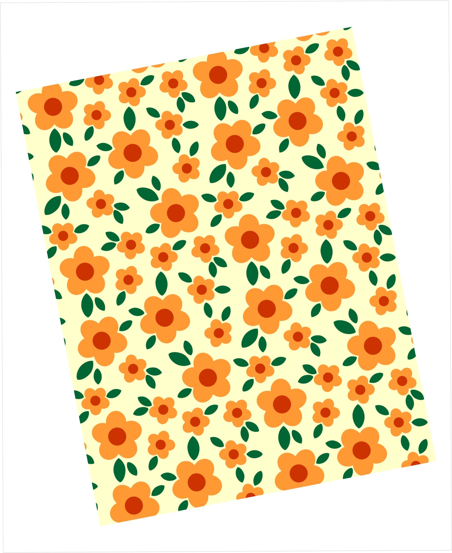 Orange daisy like flowers with brick red centres and leaves on a light yellow background