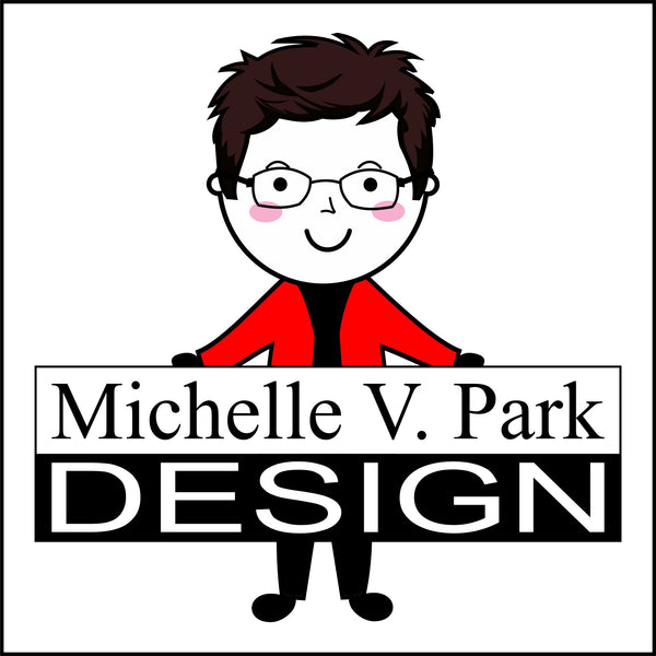 A cartoon caricature holding a sign Michelle V Park Design