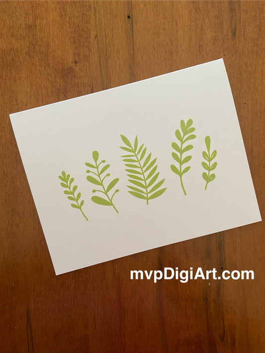 Handmade all occasion card with hand-stencilled mixed green foliage and botanical design on white background