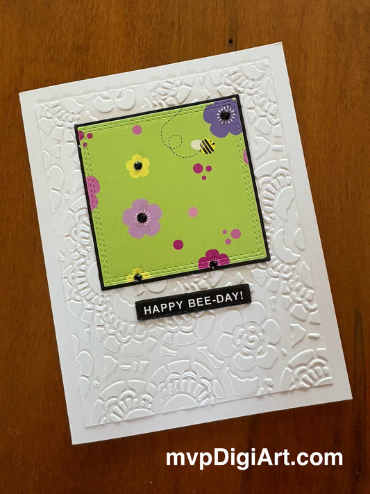 Greeting card with floral design with martian green, flowers and bumble bees. embossed notecard and 'Happy Bee-Day!' text 