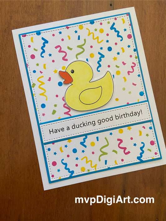 Handmade birthday card featuring a hand-coloured yellow duck on a panel with party streamers and "Have a Ducking Great Birthday" sentiment. Panel is matted in turquoise