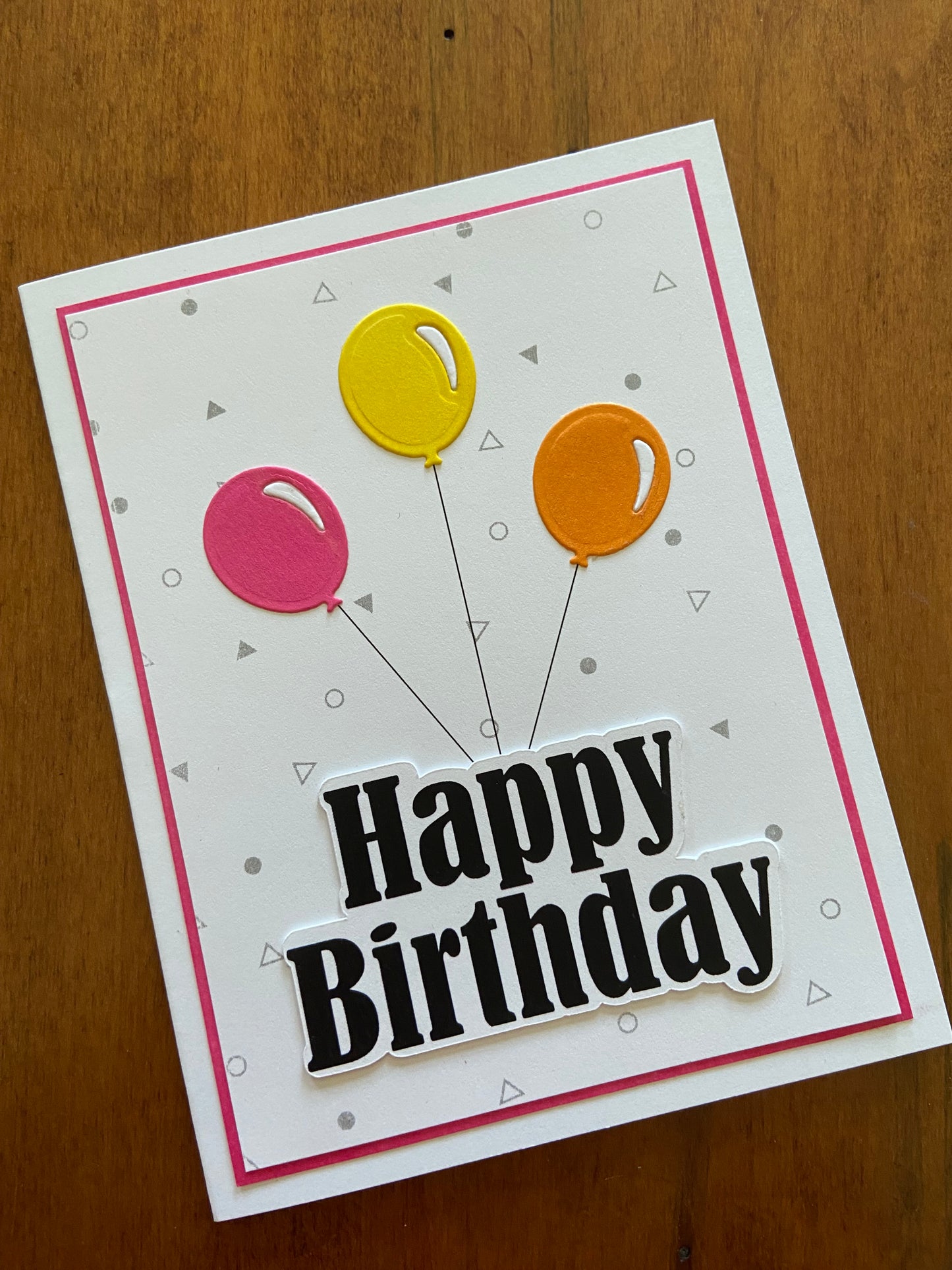 Handmade Birthday Card | Pink, Yellow and Orange Balloons and Grey Condfetti
