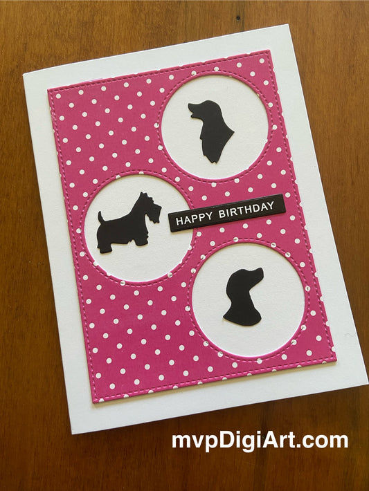 Handmade birthday card with hot pink and white Swiss dot background, black dog silhouettes, on a white notecard. 