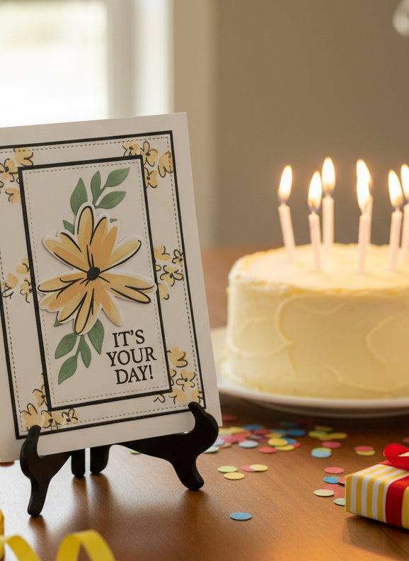 Yellow and black floral birthday card with 'It's Your Day' sentiment displayed with birthday cake and celebration decorations