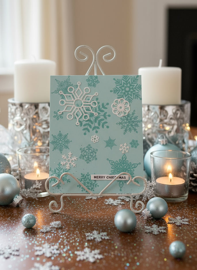 Christmas card with blue and white snowflakes design displayed with festive holiday decorations