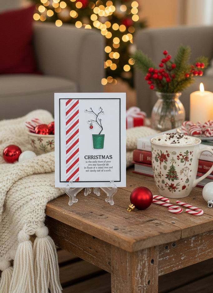 Christmas card with Charlie Brown tree drawing and candy cane stripes displayed on a table with festive holiday decorations