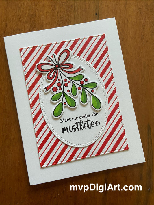 A handmade Christmas card with a hand-coloured image of mistletoe on white oval layered onto a red and white candy striped background, and the text 'Meet me under the mistletoe' stamped below.