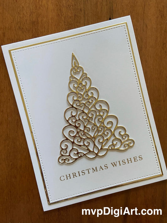 A handmade Christmas card featuring a gold filigree Christmas tree on an ivory background with a 'Christmas Wishes' embossed text
