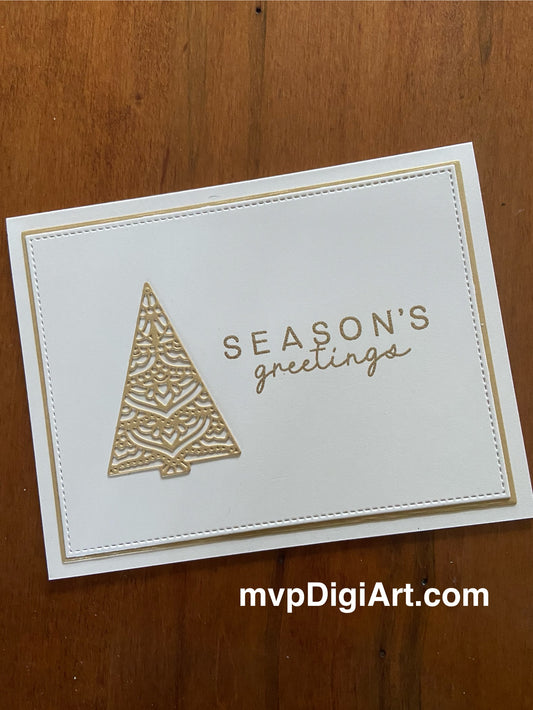 Handmade Christmas card with ornate gold filigree tree on ivory stitched backdrop with heat-embossed Season's Greetings sentiment