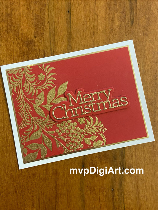 Handmade Christmas card with metallic embossed botanical foliage in gold and red with 'Merry Christmas' sentiment