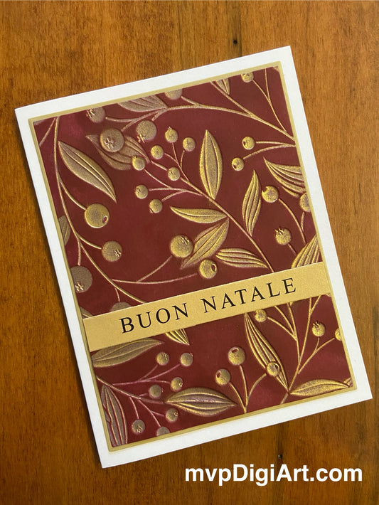 Handmade Italian Christmas card with gold berries and vine design on red background with Buon Natale greeting