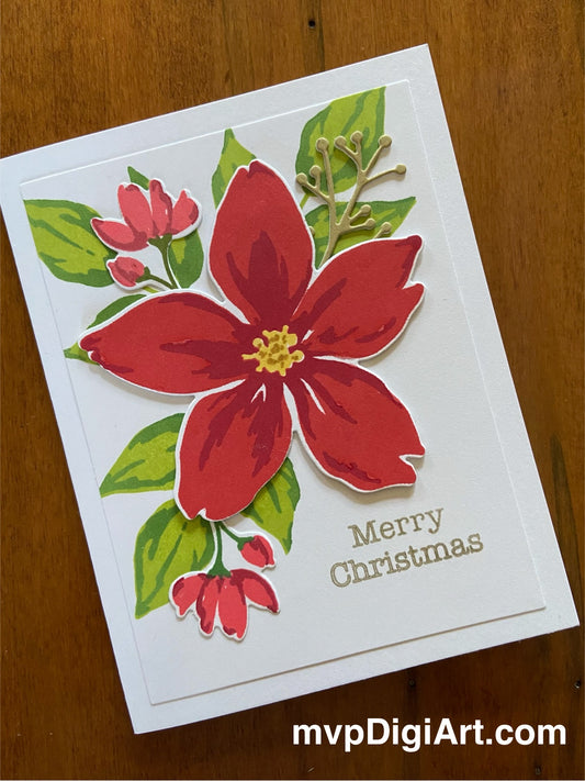 Handmade Christmas card with a white background featuring red poinsettia, greenery, and a gold 'Merry Christmas' sentiment.