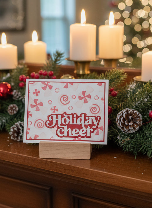 Christmas card with peppermint candy background and 'Holiday Cheer' text displayed with festive holiday decorations